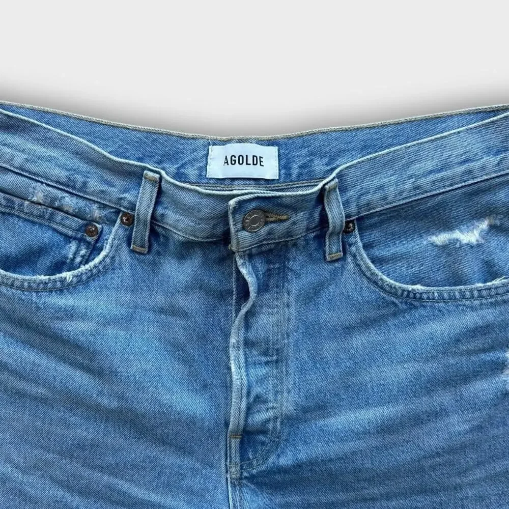 AGOLDE Parker Long Denim Shorts Women’s 29 Blue Distressed Raw Hem 100% Cotton